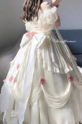 BXOXO - Ivory Tana Manor Rose Flower Long Sleeves Ruffle Bowknot Elegant Sweet Princess Lolita Strapless Dress